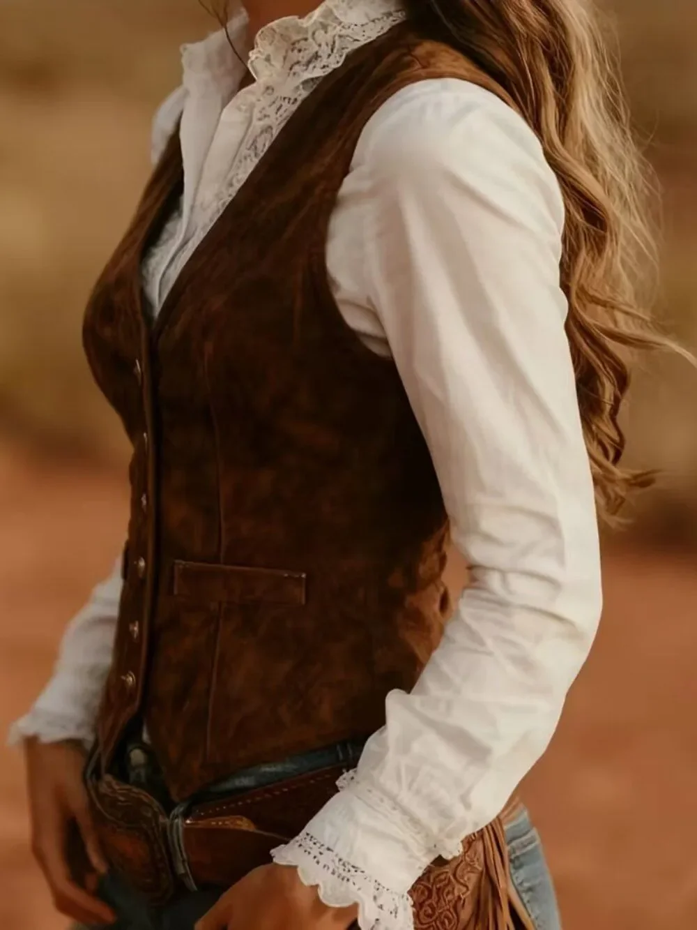 NWT Western Faux Suede Vest Brown Fitted Button Waistcoat Boho Cowgirl 14
